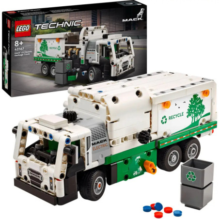 LEGO Technic Müllwagen mit Elektroantrieb, Recyclingtonne, Bausteinen und Box im Hintergrund.