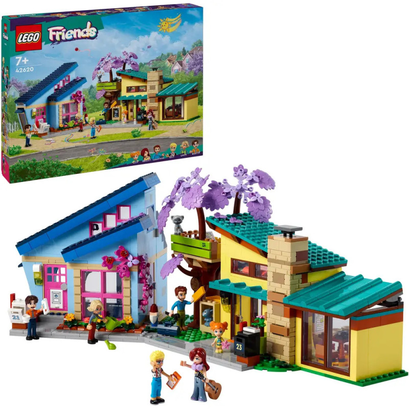 LEGO Friends Set mit bunten Gebäuden, Minifiguren und Verpackung mit Modellabbildung im Hintergrund. LEGO Friends Set mit bunten Gebäuden, Minifiguren und Verpackung mit Modellabbildung im Hintergrund.