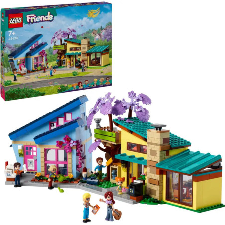 LEGO Friends Set mit bunten Gebäuden, Minifiguren und Verpackung mit Modellabbildung im Hintergrund. LEGO Friends Set mit bunten Gebäuden, Minifiguren und Verpackung mit Modellabbildung im Hintergrund.