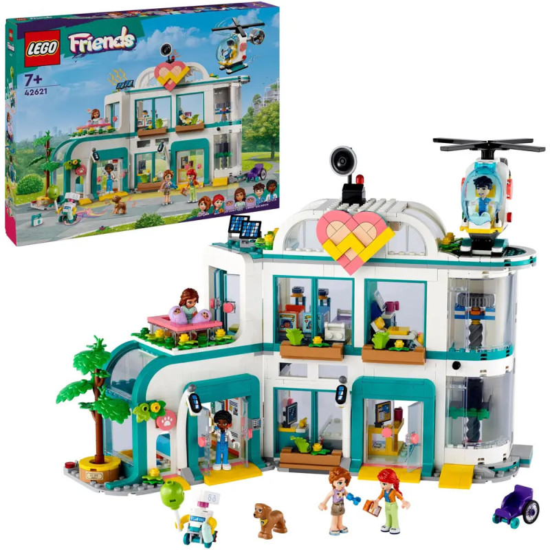 LEGO Friends Krankenhaus-Spielset mit Figuren, Hubschraubern, Zubehör und zweistöckigem Gebäude, Box abgebildet.