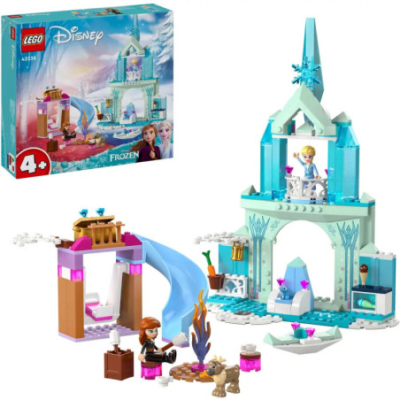 LEGO Disney Frozen Schloss mit Elsa- und Anna-Minifiguren, einer Rutsche und Verpackung im Hintergrund. LEGO Disney Frozen Schloss mit Elsa- und Anna-Minifiguren, einer Rutsche und Verpackung im Hintergrund.