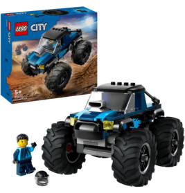 LEGO City Monster Truck Set mit blauem Truck, Minifigur, Helm und Verpackung im Hintergrund.
