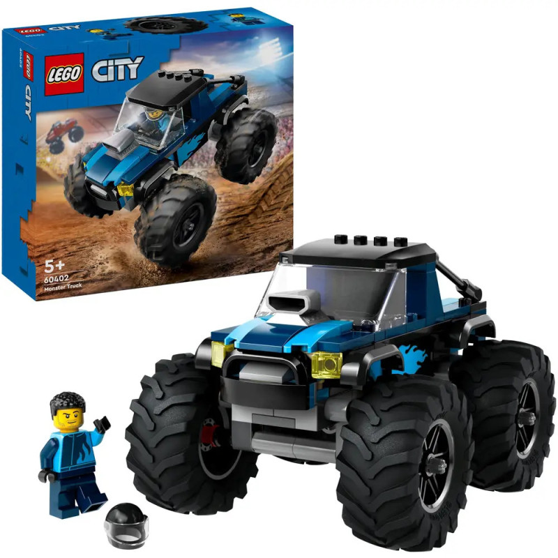 LEGO City Monster Truck Set mit blauem Truck, Minifigur, Helm und Verpackung im Hintergrund. LEGO City Monster Truck Set mit blauem Truck, Minifigur, Helm und Verpackung im Hintergrund.