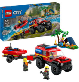 LEGO City Rettungsset mit rotem Truck, Schlauchboot, zwei Minifiguren und Zelt am Fluss.