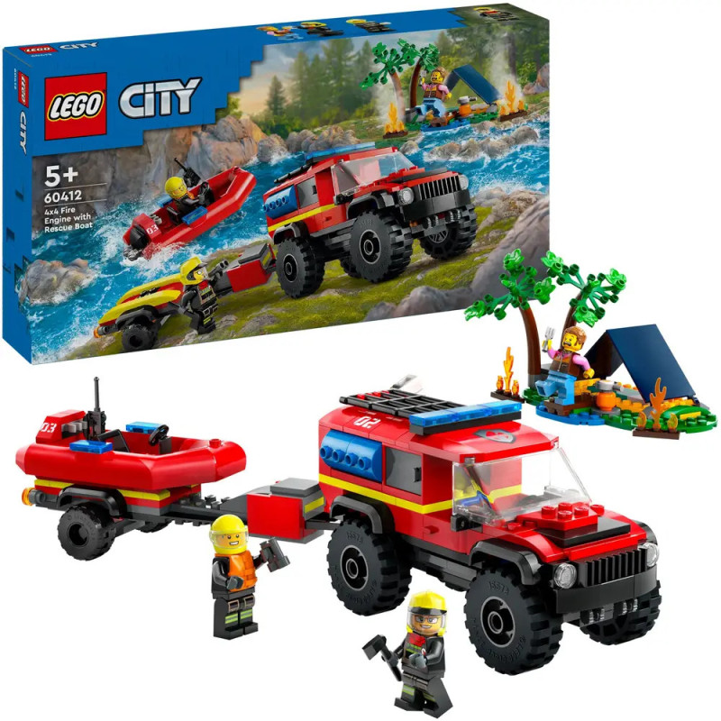 LEGO City Rettungsset mit rotem Truck, Schlauchboot, zwei Minifiguren und Zelt am Fluss.