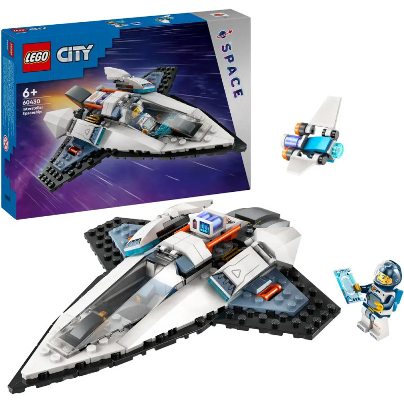 LEGO City Space Shuttle Set mit Shuttle, Astronauten-Minifigur, Drohne und Verpackung im Hintergrund.