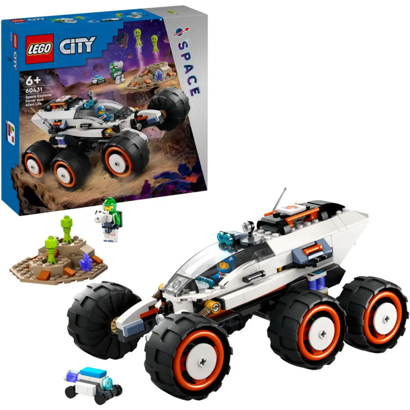 LEGO City Weltraum-Rover-Set mit Box, Astronauten-Minifigur, Alien-Figur und kleinem Geländemodell.