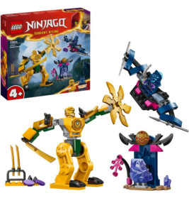 LEGO Ninjago Set mit goldenem Roboter, Schurkenfigur, Waffenständer und Verpackung im Hintergrund.