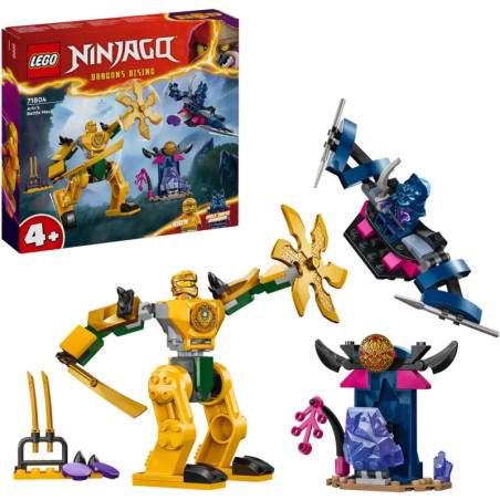 LEGO Ninjago Set mit goldenem Roboter, Schurkenfigur, Waffenständer und Verpackung im Hintergrund.