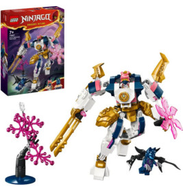 LEGO Ninjago Dragons Rising Set mit Mech-Figur, kleinem Wesen, rosa Pflanzen und Verpackung im Hintergrund.