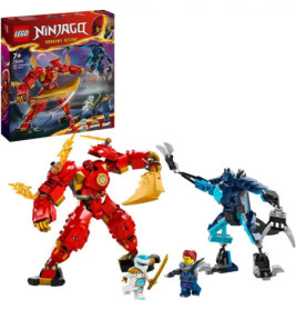 LEGO Ninjago Dragons Rising Set mit roten und blauen Drachen-Mechs, Minifiguren und Verpackung im Hintergrund.