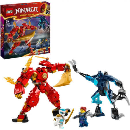 LEGO Ninjago Dragons Rising Set mit roten und blauen Drachen-Mechs, Minifiguren und Verpackung im Hintergrund.