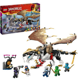 LEGO Ninjago Set mit großem Drachen und sechs Minifiguren, im Hintergrund die Verpackung.