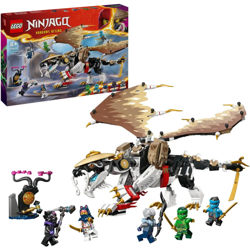 LEGO Ninjago Set mit großem Drachen und sechs Minifiguren, im Hintergrund die Verpackung.