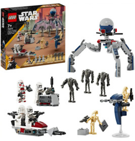 LEGO Star Wars Set mit Box, Droiden, Klonen, Fahrzeugen und großem spinnenartigem Droiden auf weißem Hintergrund.