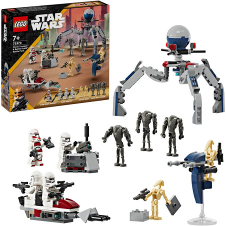 LEGO Star Wars Set mit Box, Droiden, Klonen, Fahrzeugen und großem spinnenartigem Droiden auf weißem Hintergrund.
