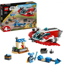 LEGO Star Wars Set mit rotem Speeder, Marktstand, blauer Alien-Minifigur und Zubehör.