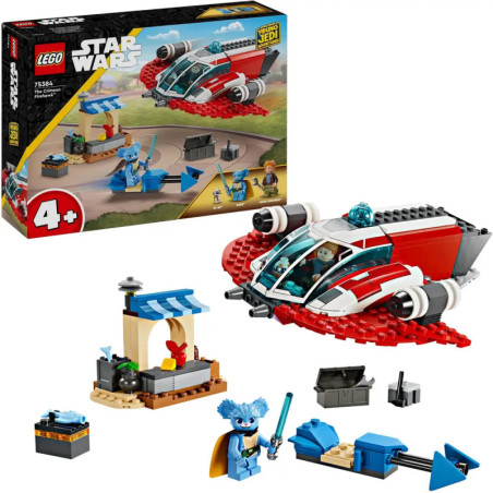 LEGO Star Wars Set mit rotem Speeder, Marktstand, blauer Alien-Minifigur und Zubehör.