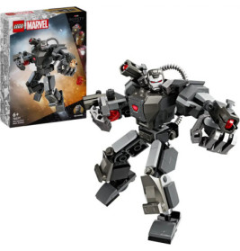 LEGO Marvel War Machine Mech mit Verpackung im Hintergrund vor weißem Hintergrund.