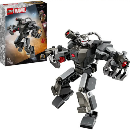 LEGO Marvel War Machine Mech mit Verpackung im Hintergrund vor weißem Hintergrund.
