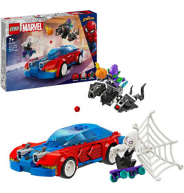 LEGO Marvel Spider-Man Set mit rotem Auto, Spider-Gwen auf Skateboard und Green Goblin auf Gleiter.
