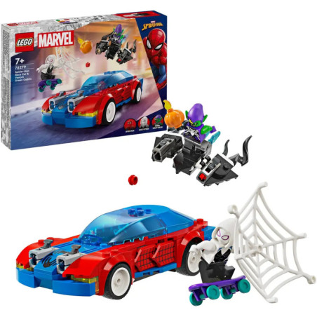 LEGO Marvel Spider-Man Set mit rotem Auto, Spider-Gwen auf Skateboard und Green Goblin auf Gleiter.