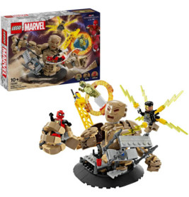 LEGO Marvel Set mit Sandman, Spider-Man und weiteren Figuren, Action-Elementen und Verpackung im Hintergrund.