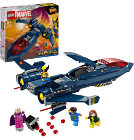 LEGO Marvel X-Men Set mit Jet, drei Minifiguren, Zubehör und Verpackung im Hintergrund.