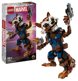 LEGO Marvel Set mit Rocket und Baby Groot: Rocket-Figur mit zwei Waffen steht neben der Verpackung.