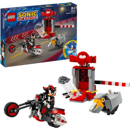 LEGO Sonic the Hedgehog Set mit Shadow auf Motorrad, Vogel-Figur und rotem Tor.
