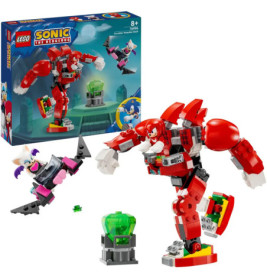 LEGO Sonic Set mit Knuckles-Mech, Rouge the Bat, einem Edelstein und der Verpackung im Hintergrund.