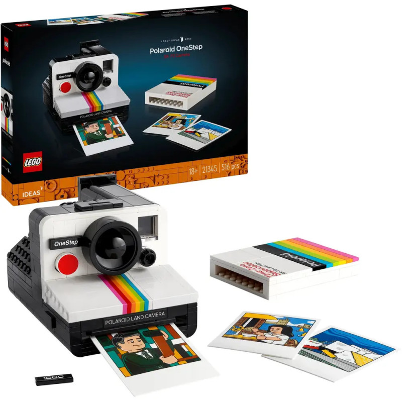 LEGO Polaroid OneStep mit OVP, Sofortbildern und Film-Set ausgestellt.