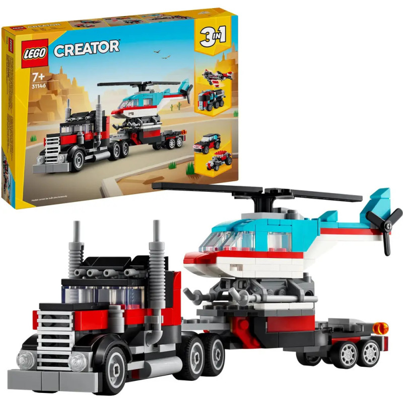 LEGO Creator 3-in-1 Set: Laster mit Hubschrauber, im Vordergrund vor der Verpackung abgebildet.