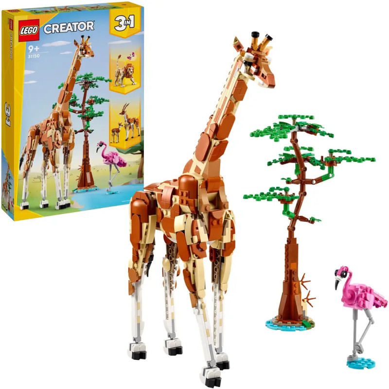 LEGO Creator 3-in-1-Set: Giraffe, Baum, pinker Flamingo und Verpackung sind abgebildet.