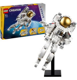 LEGO Creator Astronauten-Set mit Verpackung und zusammengebauter Astronautenfigur auf schwarzem Sockel.