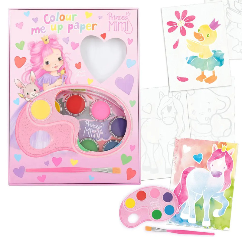 Pinkes Princess-Mimi-Aquarell-Set mit Farbpalette, Pinsel und tierischen Ausmalbildern.