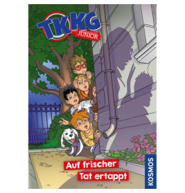 Fünf animierte Kinder und ein Hund spähen um die Ecke und beobachten nachts zwei verdächtige Schatten an der Wand.