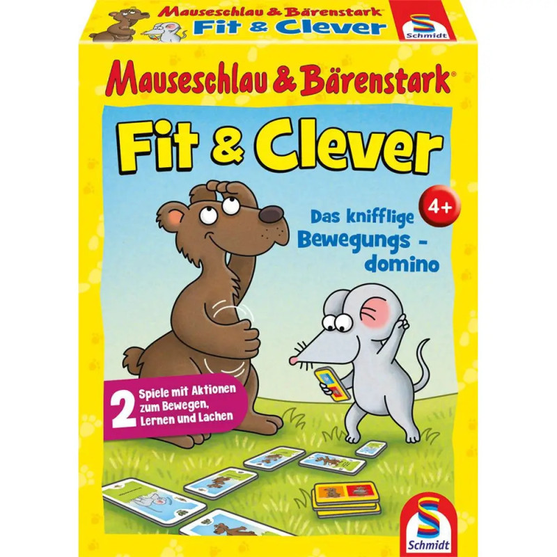 Gelbe Brettspielbox mit Bär und Maus beim Kartenspielen auf Gras, Titel Fit & Clever.