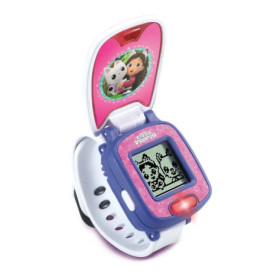 Kinder-Smartwatch mit pink-lila Rahmen, aufgeklapptem Deckel, Comicfiguren und digitalem Haustier auf dem Display.