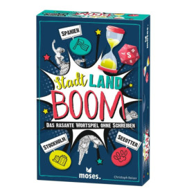 Spielbox Stadt Land Boom von moses., blau mit bunten Icons und Schriftzügen.