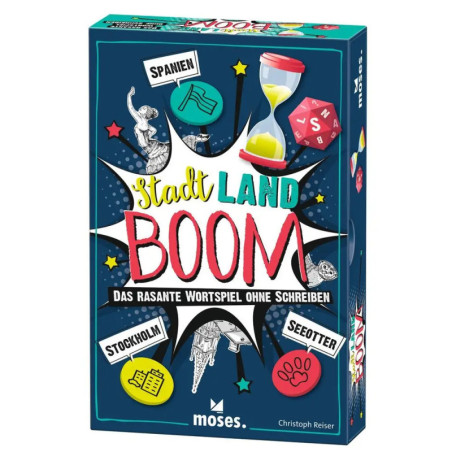 Spielbox Stadt Land Boom von moses., blau mit bunten Icons und Schriftzügen.