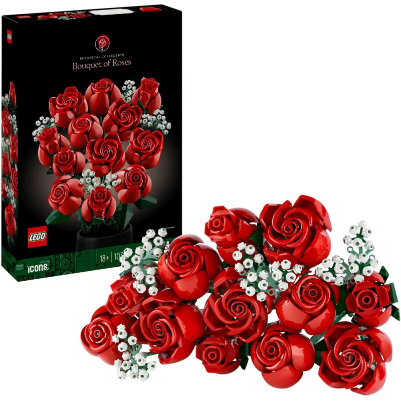 LEGO-Set eines Rosenstraußes mit weißen Akzenten, fertig gebaut neben der Verpackung. LEGO-Set eines Rosenstraußes mit weißen Akzenten, fertig gebaut neben der Verpackung.