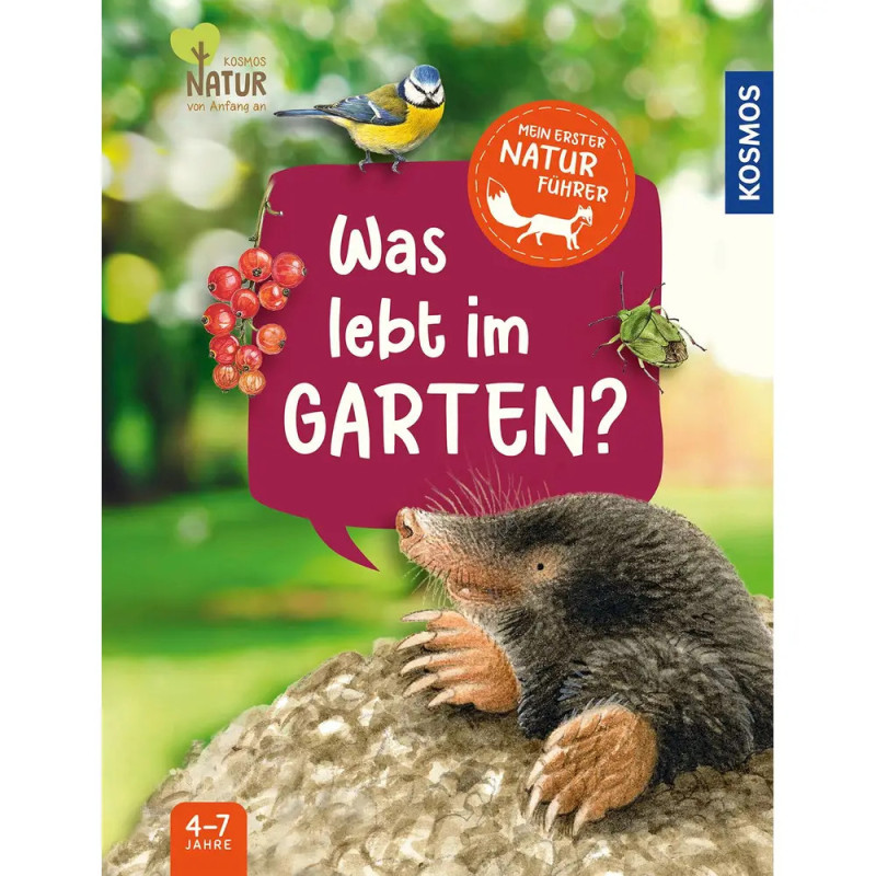 Buchcover mit Maulwurf, Vogel, Beeren und Käfer Titel: Was lebt im Garten? Für Kinder von 4-7 Jahren.