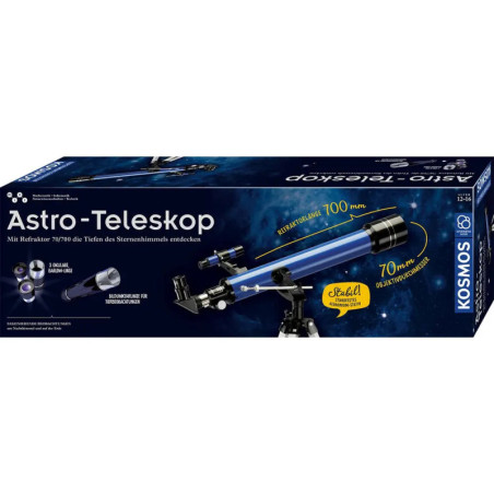 Blue Kosmos Astro-Teleskop-Box mit Teleskopabbildung und Angaben zu den technischen Daten.