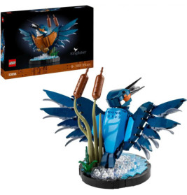 LEGO-Eisvogel mit Schilf, präsentiert vor der dazugehörigen Verpackung.