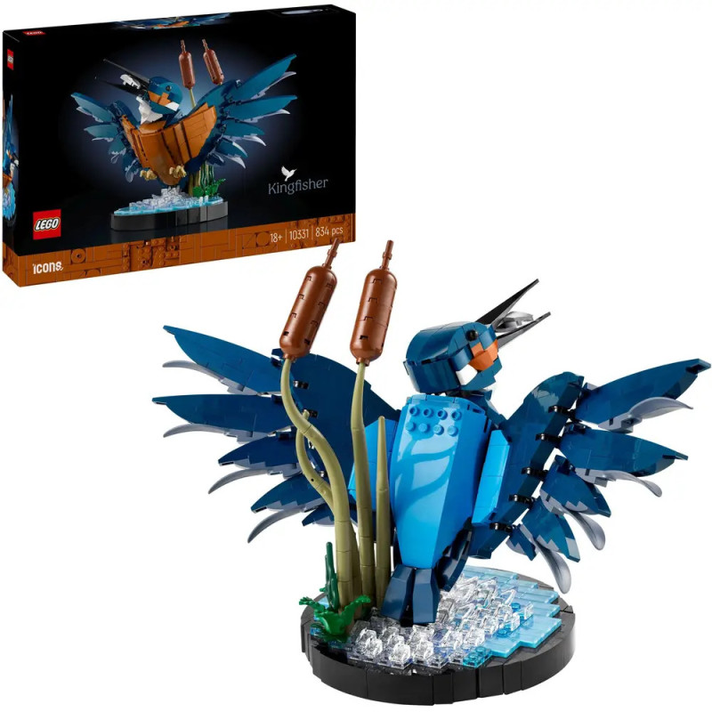 LEGO-Eisvogel mit Schilf, präsentiert vor der dazugehörigen Verpackung.