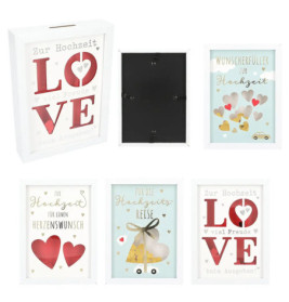 Fünf gerahmte Hochzeitsmotive mit Herzen, deutschem Text und einem leeren schwarzen Rahmen in der Mitte.
