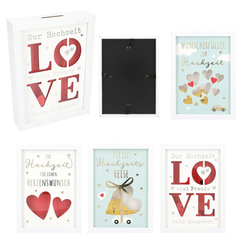 Fünf gerahmte Hochzeitsmotive mit Herzen, deutschem Text und einem leeren schwarzen Rahmen in der Mitte.