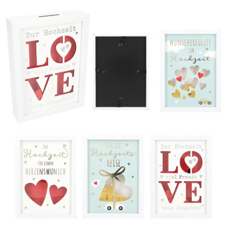 Fünf gerahmte Hochzeitsmotive mit Herzen, deutschem Text und einem leeren schwarzen Rahmen in der Mitte.
