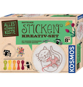 Stickset mit Katzendesign, bunten Garnen und Werkzeug für Kinder ab 8 Jahren.